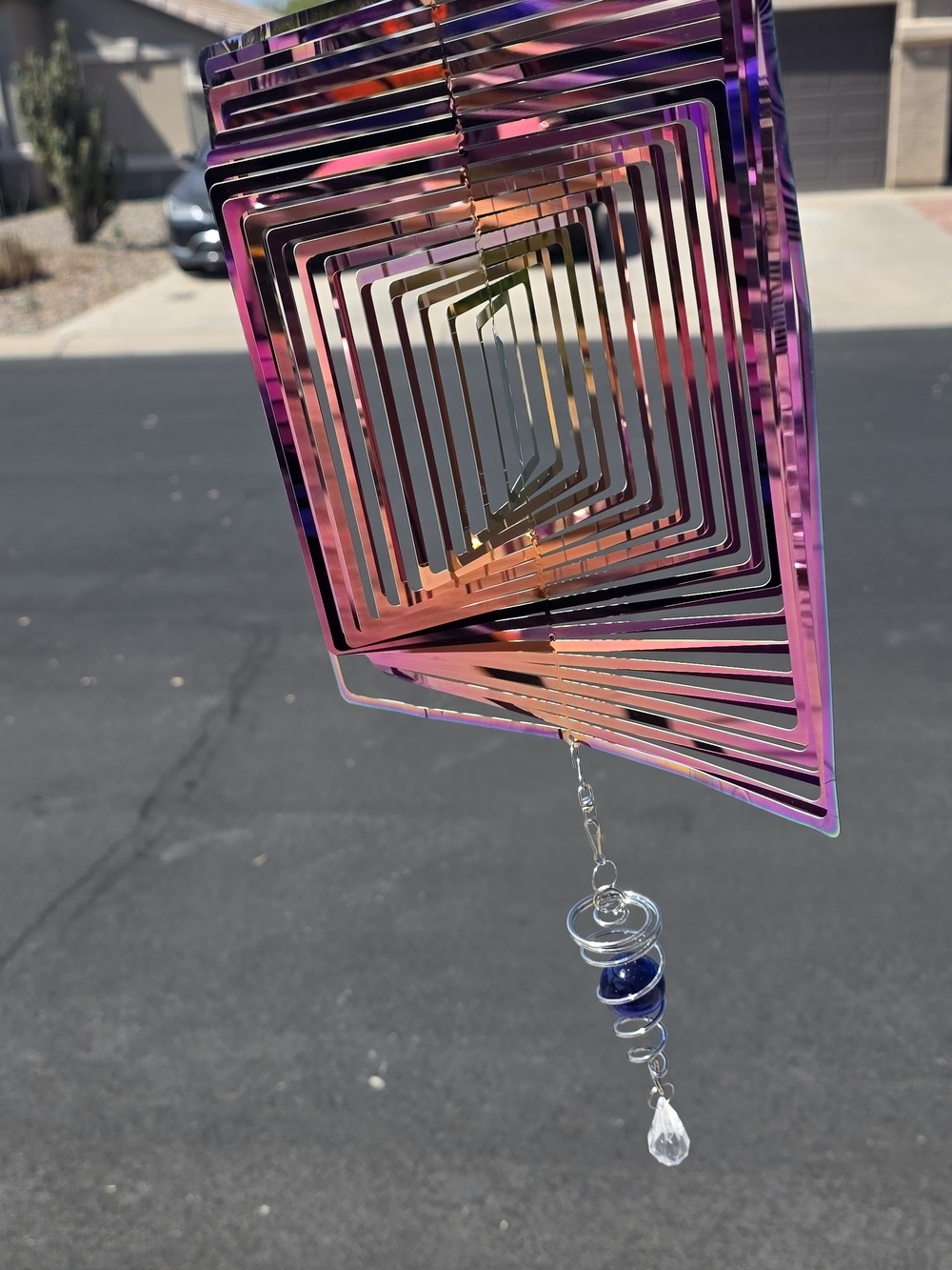 Iridescent Geometric Wind Spinner with Crystal Drop